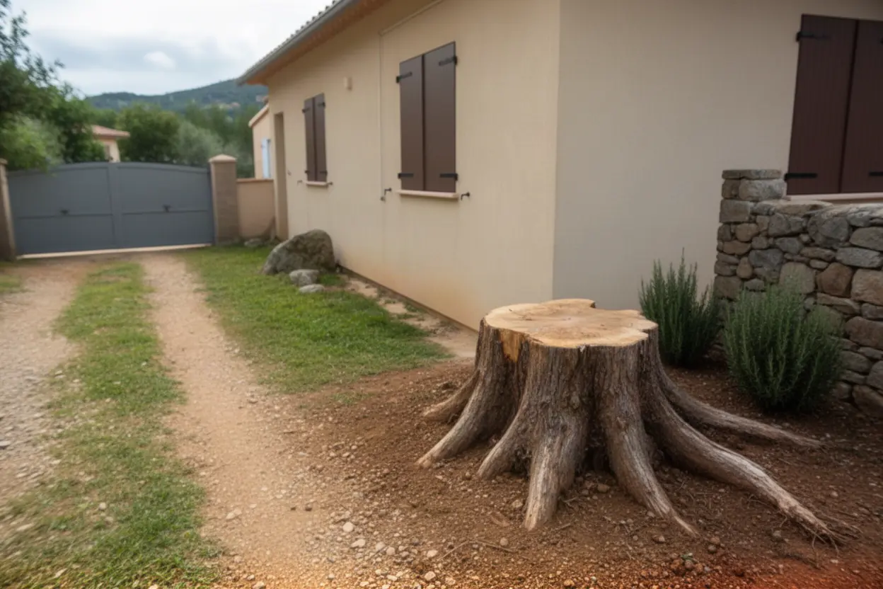 Souche de pin gênant un passage à Bastelicaccia