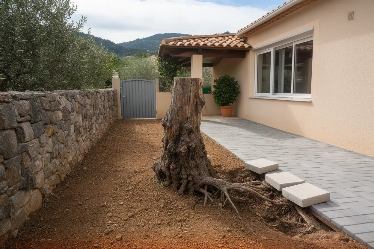 Vieille souche près d'une terrasse à Grosseto-Prugna