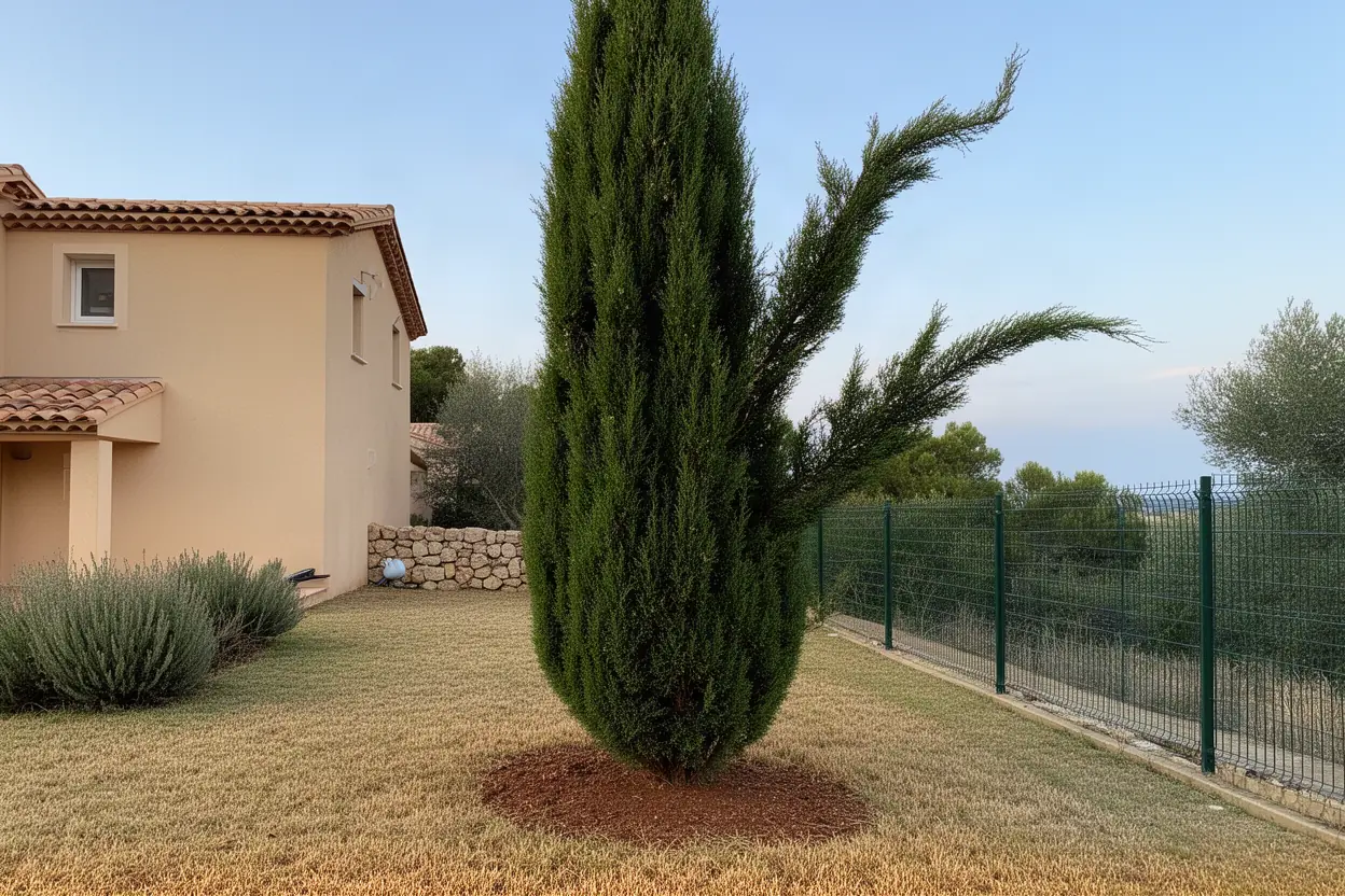 Cyprès dense avant taille par grimpeur à Afa