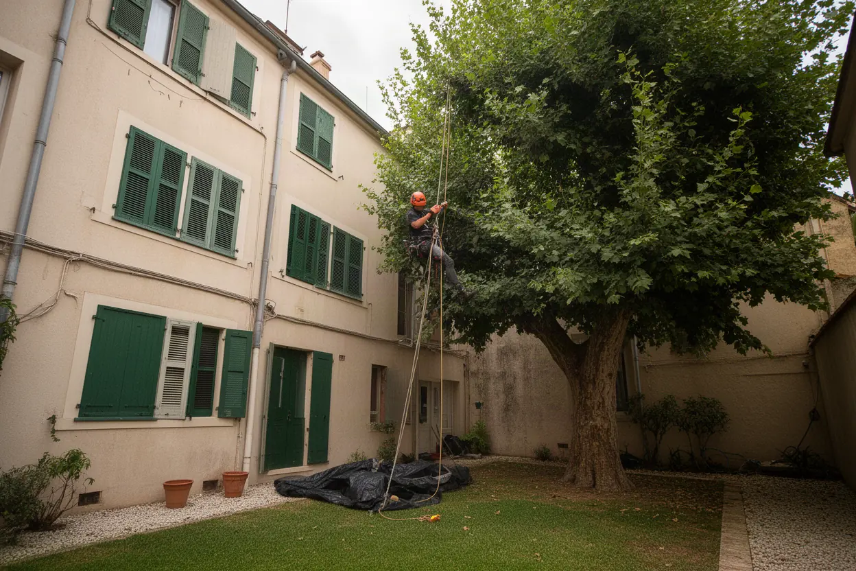 Arboriste grimpeur travaillant sur un grand pin à Alata