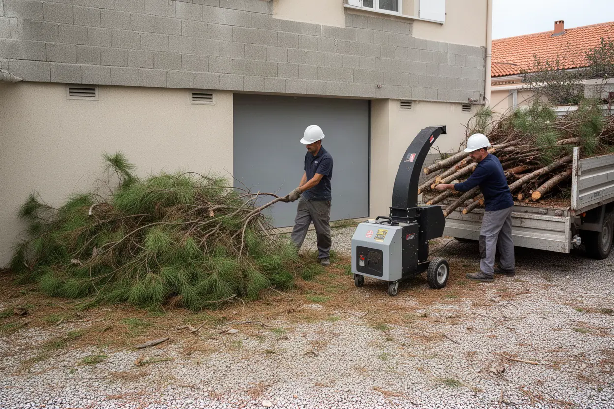 Équipe broyant des branches après élagage à Alata